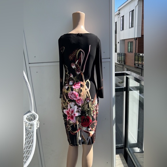 Joseph Ribkoff Black Multi Floral Jersey Bodycon Dress 3/4 Sleeves Zipped US 4 - Picture 3 of 5